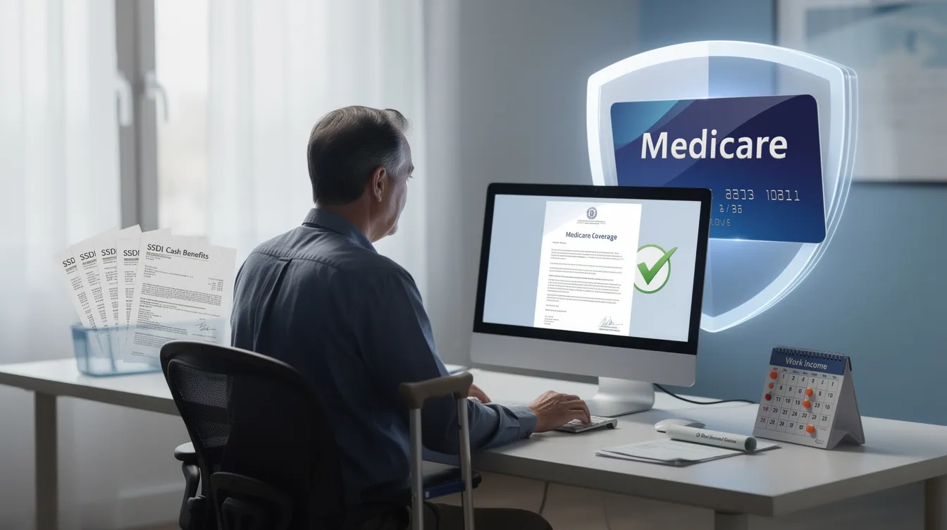 The image illustrates the concept of SSDI recipients maintaining Medicare coverage for an extended period, even after returning to work, emphasizing the financial support it provides during their transition. It highlights the importance of understanding social security disability benefits and the trial work period, which allows individuals to engage in gainful employment while keeping their essential health insurance.