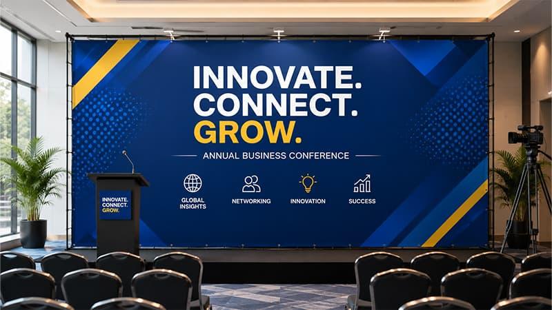 Backdrop banner for business conference stage with podium, seating, and event branding.