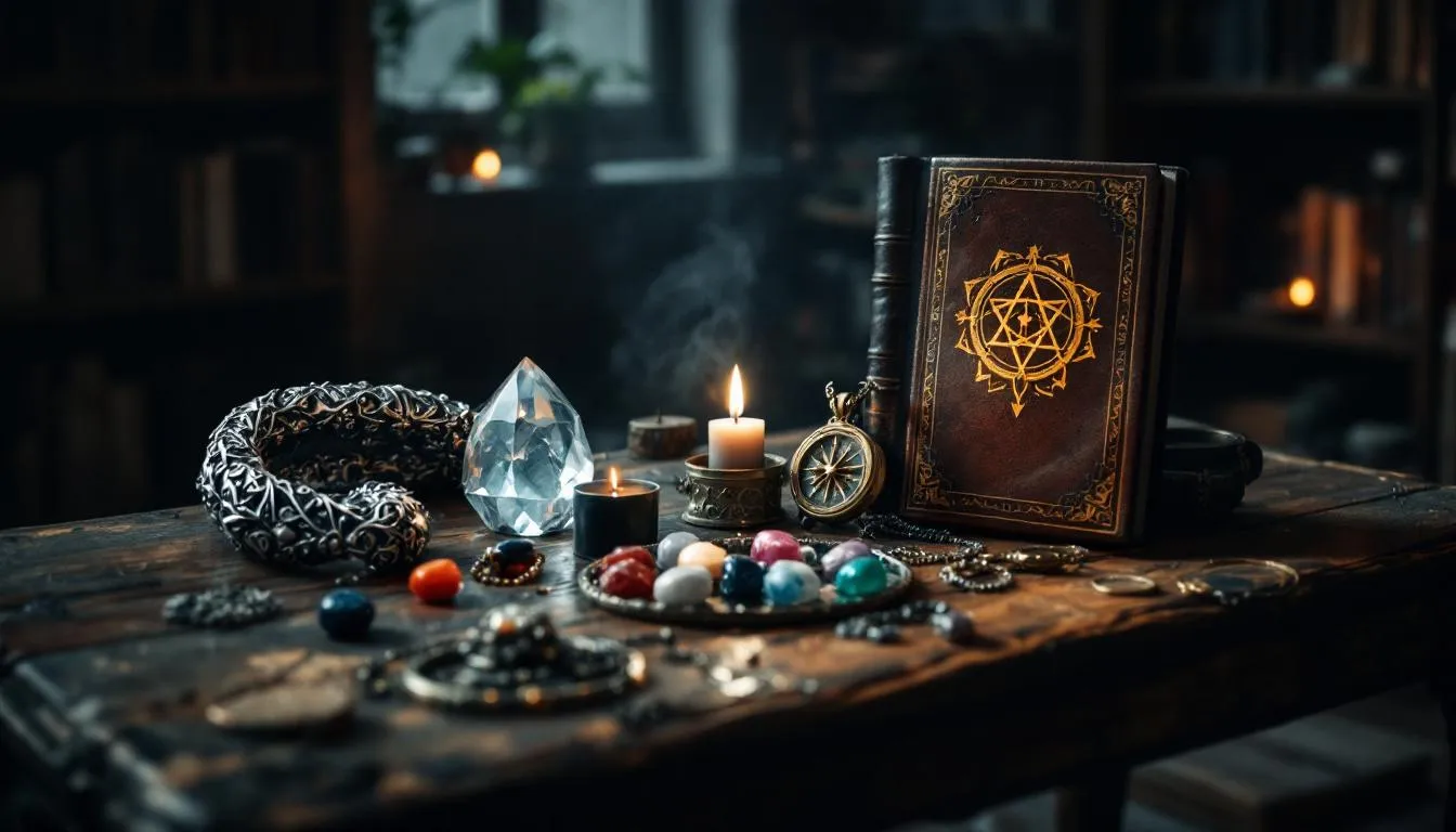 The image showcases a beautifully designed piece of witch jewelry, featuring intricate silver chains adorned with natural elements, inspired by magical practices. This unique jewellery piece is displayed alongside a cart, highlighting its size and craftsmanship.