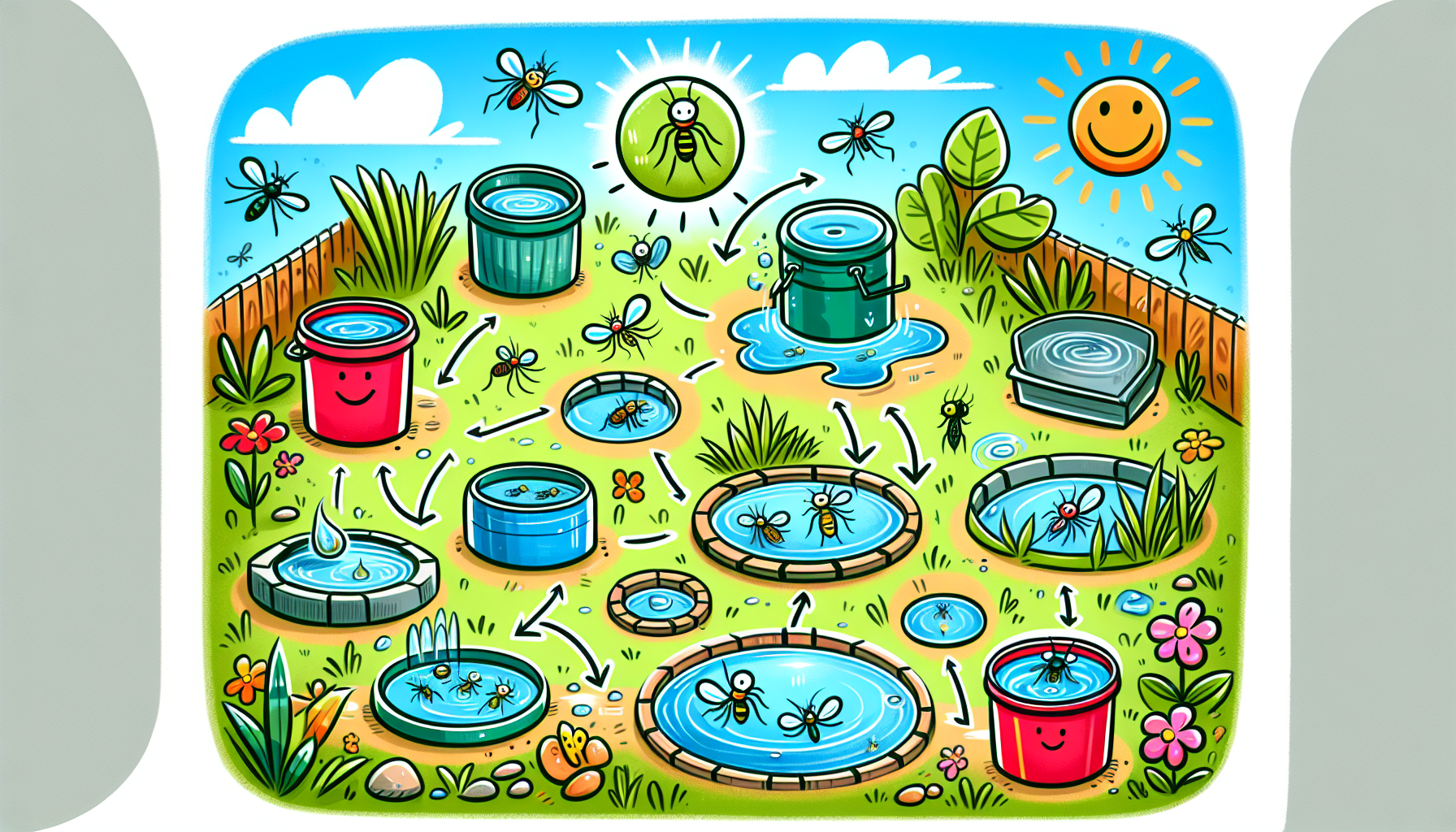 Illustration of common mosquito breeding sites such as standing water.