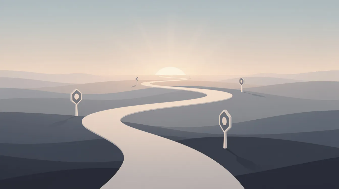 Ein gewundener Pfad schlängelt sich durch eine abwechslungsreiche Landschaft, die eine Reise oder einen Fahrplan symbolisiert. Diese Darstellung könnte die verschiedenen Schritte und Herausforderungen widerspiegeln, die Unternehmen bei der Implementierung von KI-Agenten und Automatisierung in ihren Prozessen bewältigen müssen.