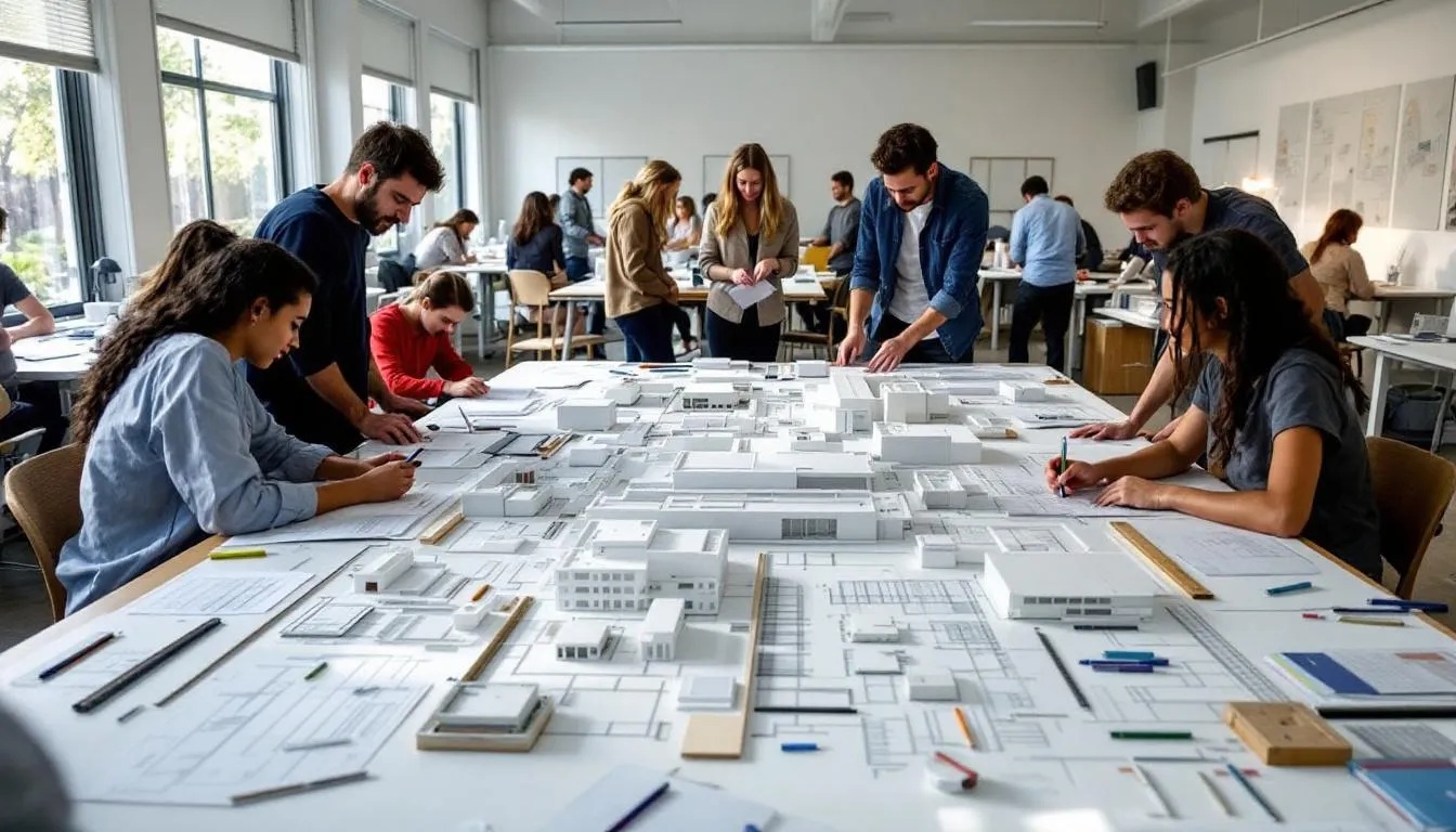 A group of architecture students collaborates in a design studio, surrounded by various models and drawings on the tables, showcasing their teamwork and creativity in pursuing their architecture program. This environment reflects the essential skills and knowledge required for their future careers in the architecture industry.