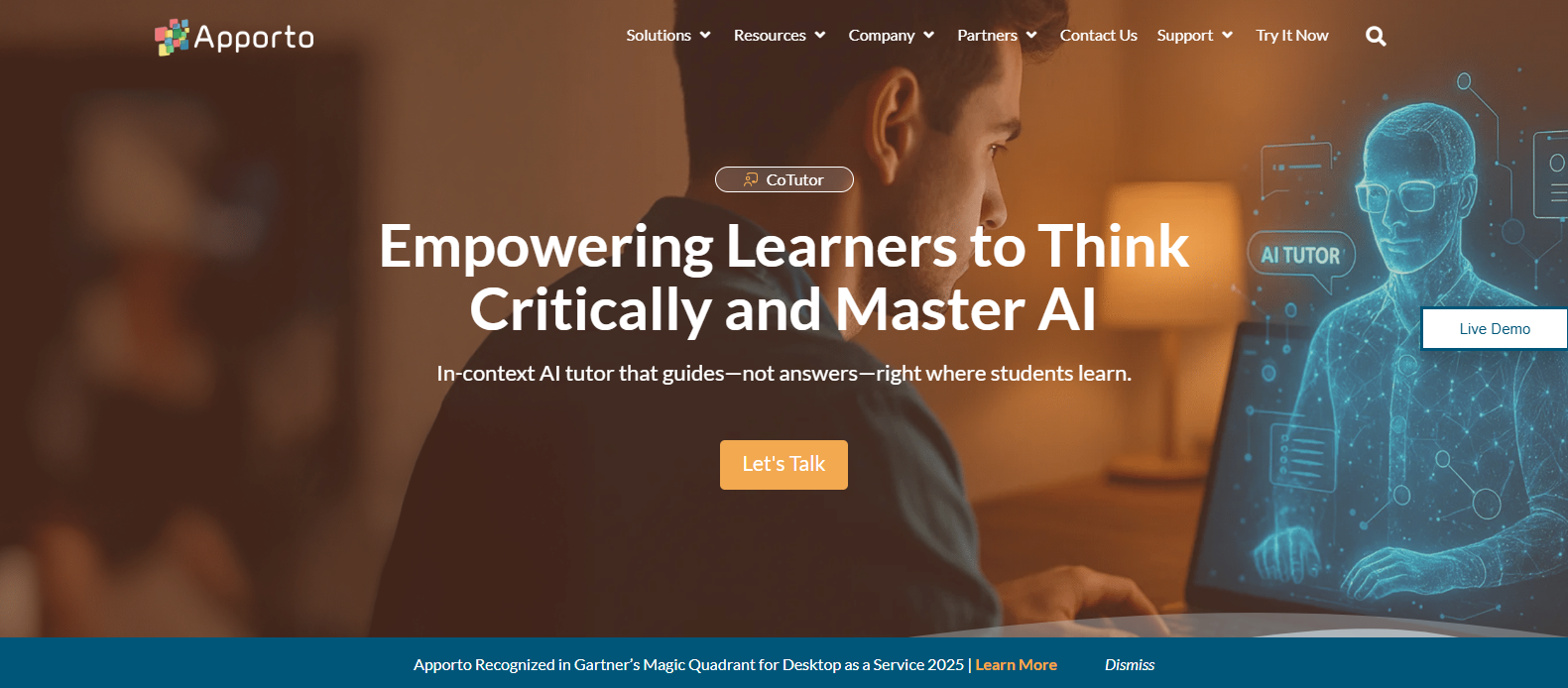 Apporto CoTutor AI tutoring platform homepage highlighting personalized higher education learning, critical thinking support, and in-context academic guidance for university students.