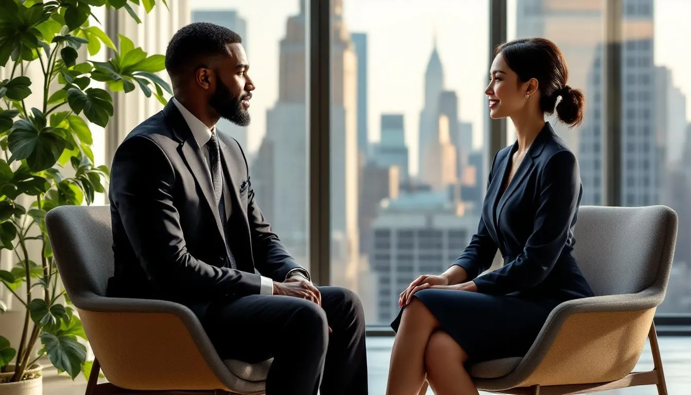 In the image, a black male schema therapist and an Asian female client are engaged in a psychotherapy session, seated across from each other in comfortable chairs. Behind them, the skyline of Midtown Manhattan is visible, creating a serene backdrop for their discussion on mental health and schema therapy.