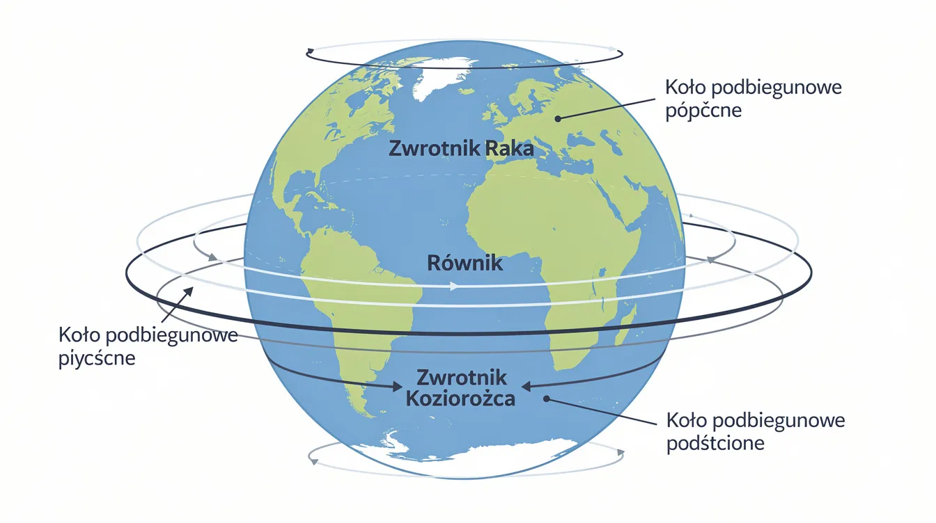 Na schemacie kuli ziemskiej widoczny jest równik oraz zwrotniki: Koziorożca i Raka, a także koła podbiegunowe, przedstawione z boku. Obrazek ilustruje rozmieszczenie lądów i oceanów, ukazując kontynenty, takie jak Afryka i Azja, w kontekście geograficznym.