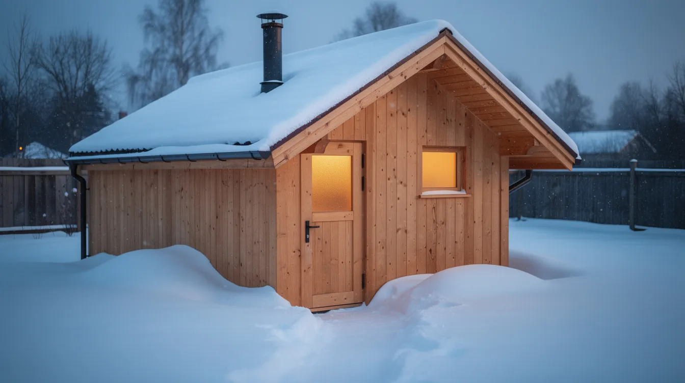 The image shows a charming wooden cabin sauna with a pitched roof, nestled in a snowy backyard. This outdoor sauna features a rustic appearance and is designed for efficient heat circulation, making it a cozy retreat in cold weather.