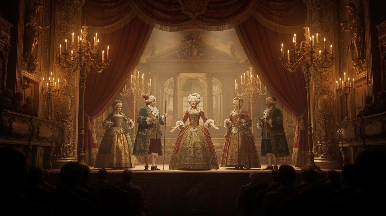 Die historische Theaterszene zeigt kostümierte Schauspieler auf einer prachtvollen Barockbühne, beleuchtet von flackerndem Kerzenlicht. Diese Darstellung erinnert an die Epoche des Sturm und Drang, in der Themen wie Leidenschaft und Rebellion in den Werken von Autoren wie Goethe und Schiller im Mittelpunkt standen.