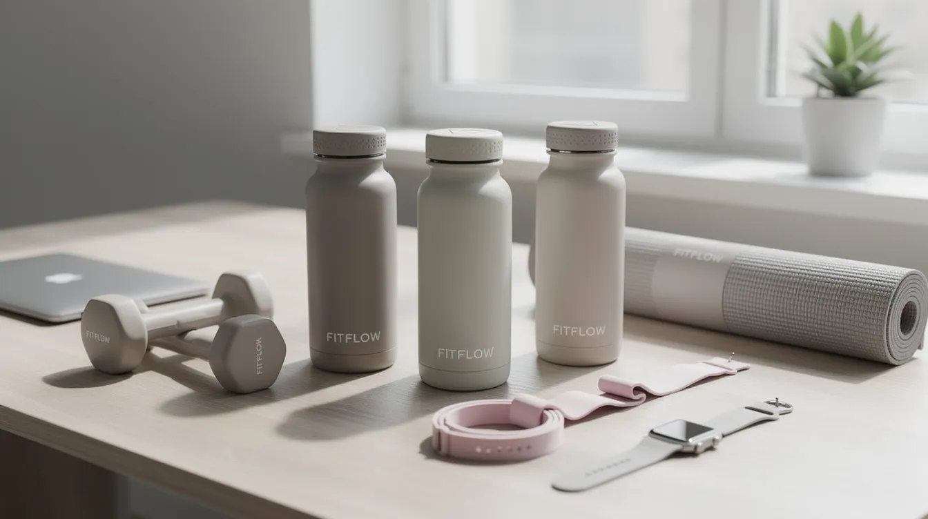 The image features a collection of branded water bottles and fitness accessories neatly arranged on a modern desk, showcasing high-quality private label products. The setup emphasizes brand identity and customer loyalty, appealing to those interested in starting a private label dropshipping business.