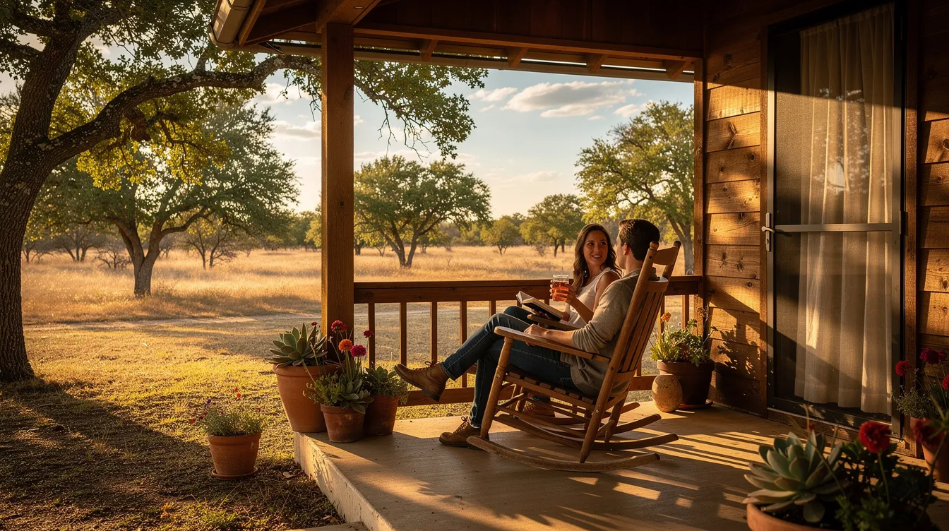 The image depicts a serene porch scene in Central Texas, where two individuals are enjoying each other's company in the shade on a warm afternoon. This peaceful setting symbolizes the importance of family caregivers and the support they provide in the lives of seniors, fostering community connections in the Austin area.