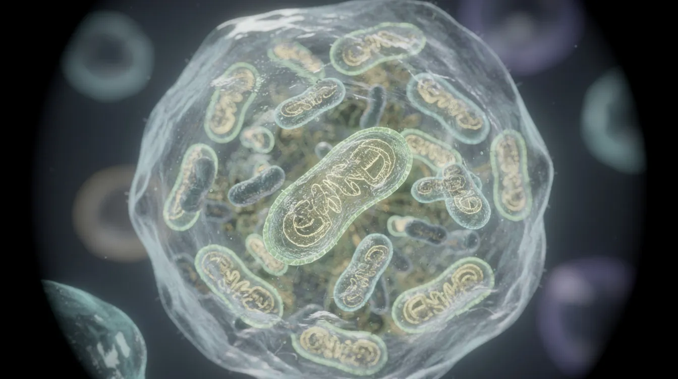 The image depicts glowing mitochondria inside a cell, showcasing their vital role in cellular health and energy production. This visualization emphasizes the importance of mitochondria in supporting longevity and overall health, as they are essential for metabolism and the body&rsquo;s immune system.