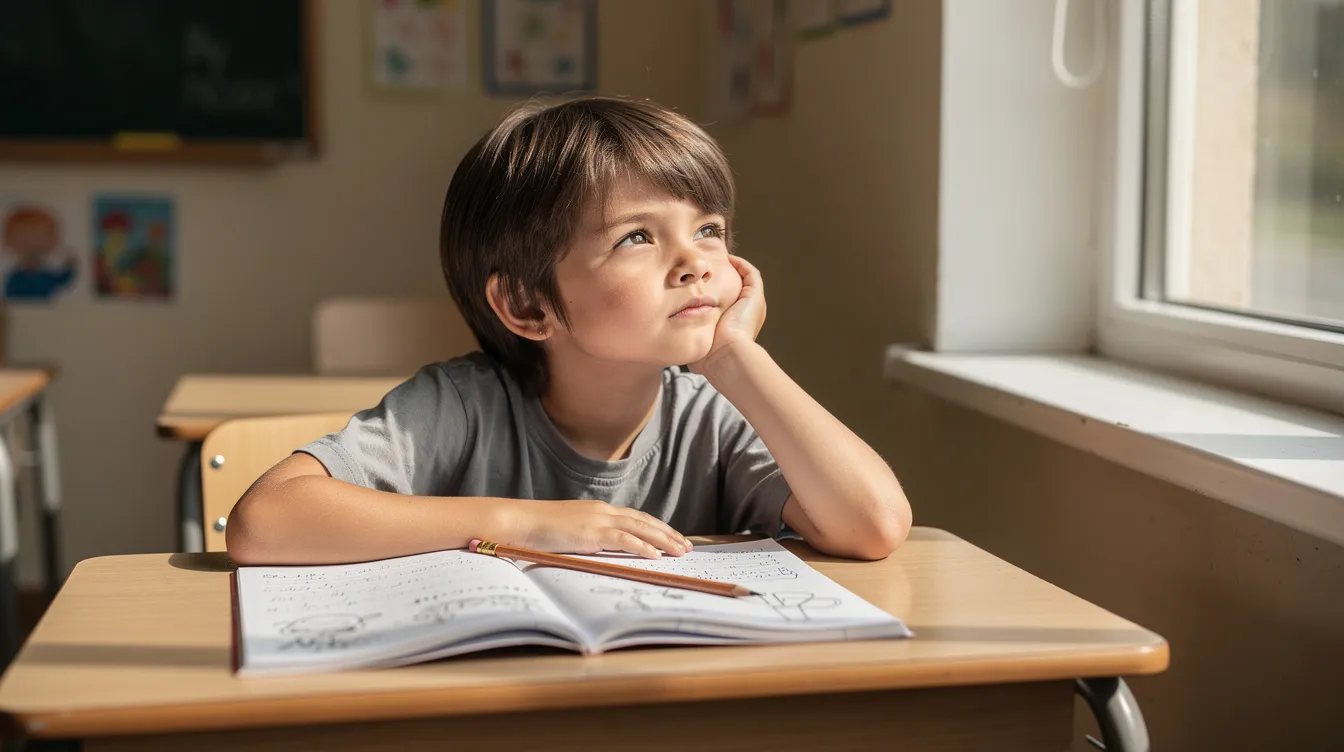 A young child sits at a desk with an open exercise book, resting their head on one hand while gazing out the window with a distracted expression, highlighting the common challenge of maintaining focus in a classroom environment. This image reflects the struggles that students, particularly middle schoolers, may face when trying to engage in cognitive activities and solve problems amid distractions.