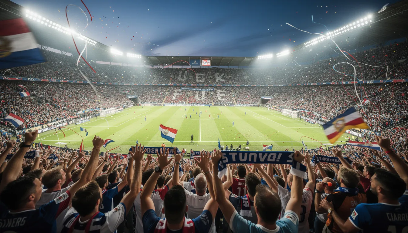 En livlig fotbollsstadion är fylld med entusiastiska fans som hejar under en kvällsmatch. Stämningen är elektrisk medan åskådarna visar sitt stöd för sina lag i Premier League, som West Ham, och skapar en oförglömlig atmosfär.