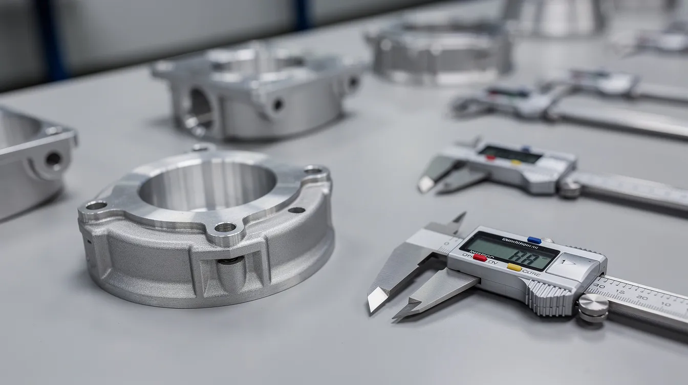 A close-up view of precision aluminum die cast parts is displayed on a quality inspection table, surrounded by calipers and various measurement tools, showcasing the meticulous attention to detail in the die casting process. This arrangement highlights the importance of quality control in the aluminum die casting industry, ensuring excellent dimensional accuracy and stable quality in the final products.