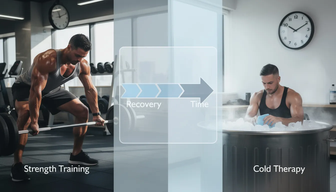 An athlete is seen demonstrating the optimal timing between cold therapy and strength training, showcasing the benefits of cold plunge therapy for post-workout recovery. The image emphasizes the importance of controlled breathing and listening to your body during cold exposure to enhance muscle recovery and overall health.