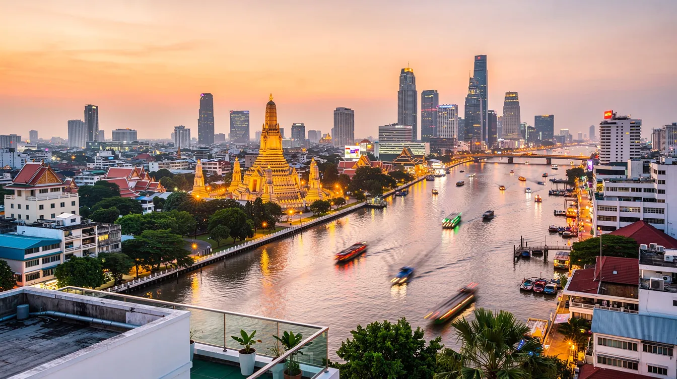 A imagem apresenta uma vista deslumbrante de Bangkok, com arranha-céus modernos e templos tradicionais ao fundo, refletindo a diversidade cultural da cidade. A cena é iluminada por um pôr do sol vibrante, criando um contraste bonito entre a arquitetura e o céu colorido.