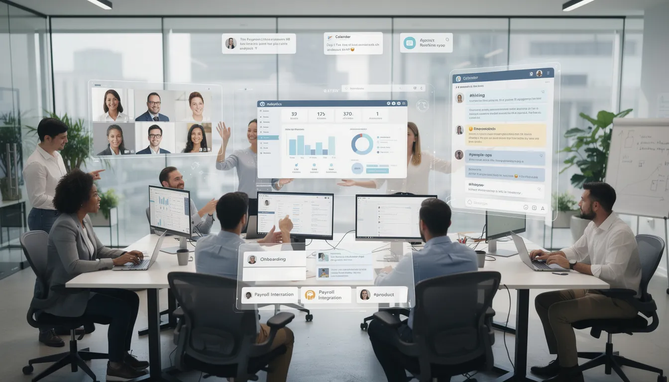 The image depicts HR tech founders collaborating in a digital workspace, with various communication channels like chat and video calls visible on their screens. This vibrant scene highlights the importance of networking among HR professionals and industry leaders as they exchange ideas and stay up to date with the latest HR trends and practices.