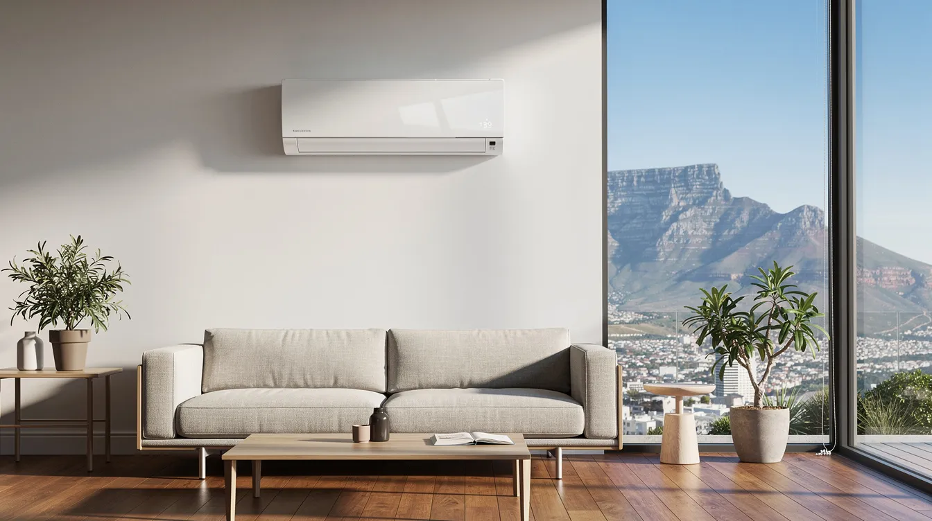 The image depicts a modern lounge in Cape Town featuring a sleek wall-mounted split air conditioner above a contemporary sofa, with large windows offering a stunning view of Table Mountain in the background. This setup is ideal for cooling and heating large rooms, providing comfort in both summer and winter.