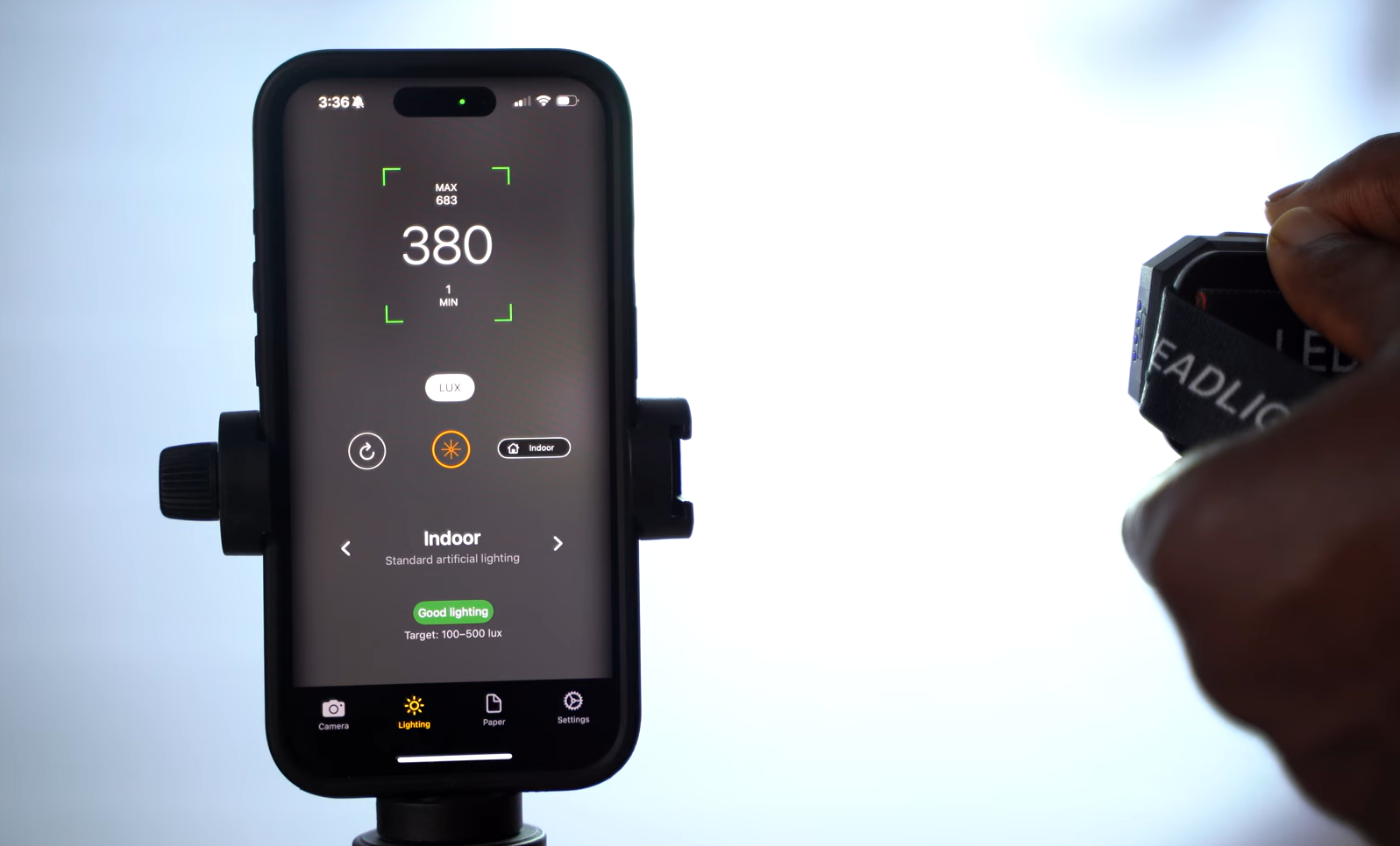 lux meter app reading of the LHKNL Headlamp Flashlight