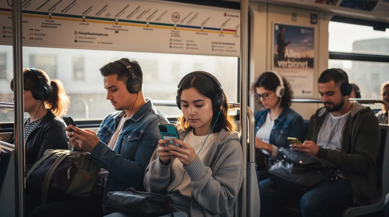 In der U-Bahn sitzen mehrere Personen, die mit Kopfhörern auf ihren Smartphones Videos schauen, während weiches Licht durch die Fenster strömt. Diese Szene zeigt, wie moderne Technologie das Medienkonsumverhalten verändert, indem sie den Zuschauern ermöglicht, Inhalte on demand zu genießen, während sie unterwegs sind.