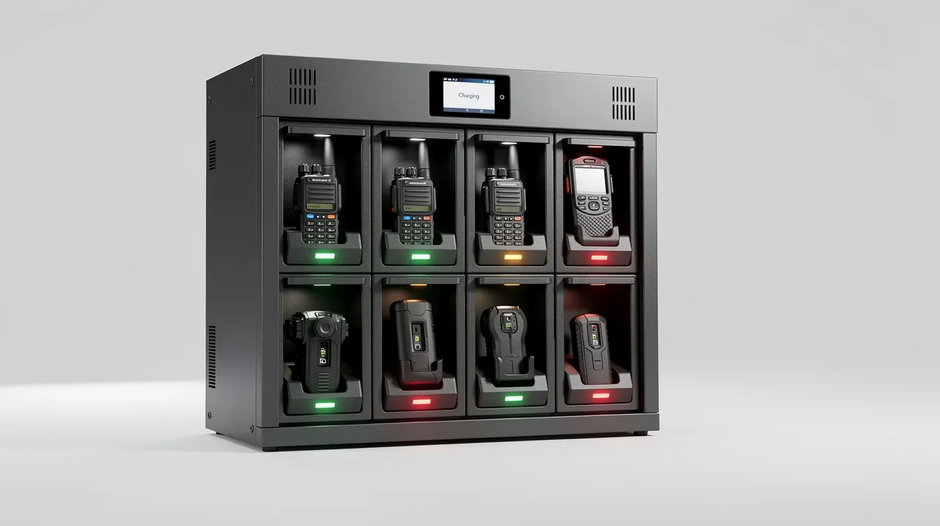 The image depicts a smart charging locker designed for law enforcement agencies, featuring individual bays for body worn cameras and radios, with LED indicators that display the status of each device. This secure evidence management solution ensures proper custody and accountability of critical evidence, supporting investigations and maintaining public trust.