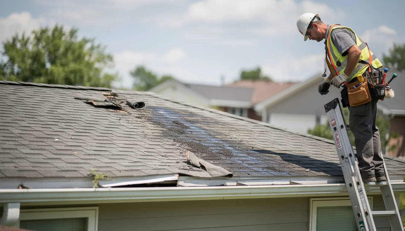 A roofing professional is carefully inspecting a residential roof from a ladder, looking for potential storm damage such as missing or damaged shingles and signs of a leaky roof. This thorough roof inspection is crucial for identifying necessary roof repairs to maintain the home's structural integrity.