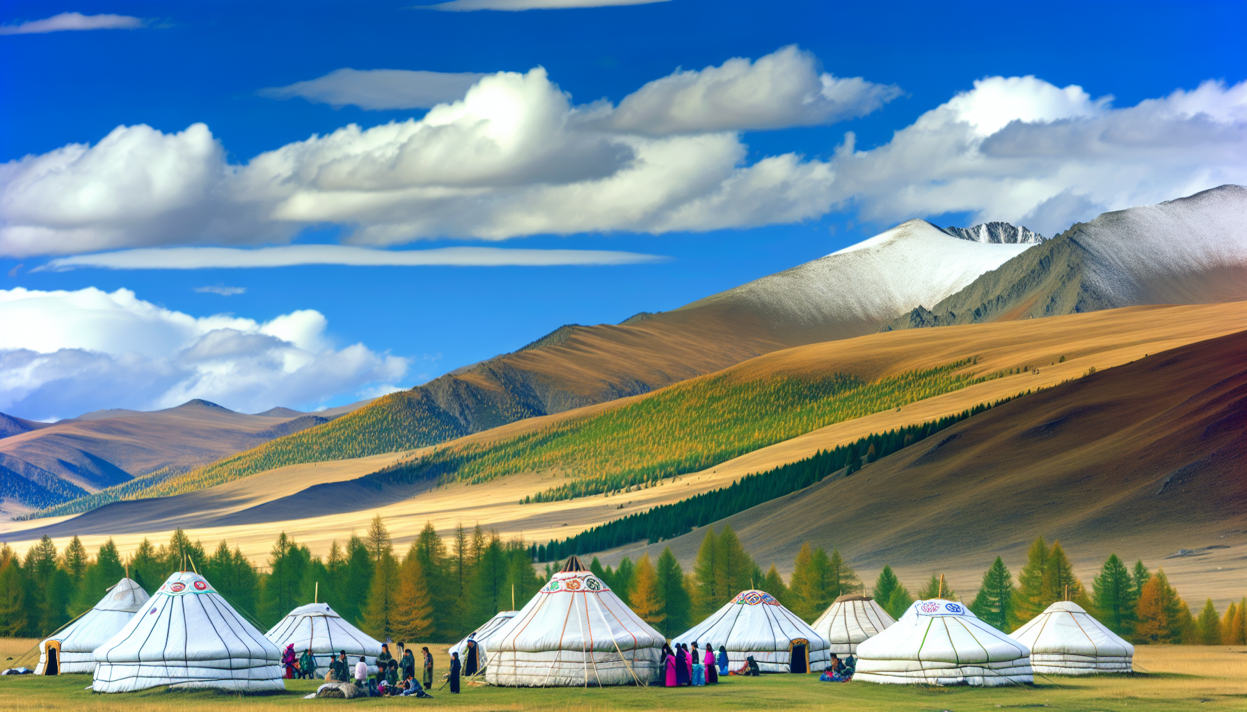 Nomadic families with their traditional gers in the stunning landscapes of Northern Mongolia, providing a glimpse into the unique nomadic lifestyle during Mongolia tours.