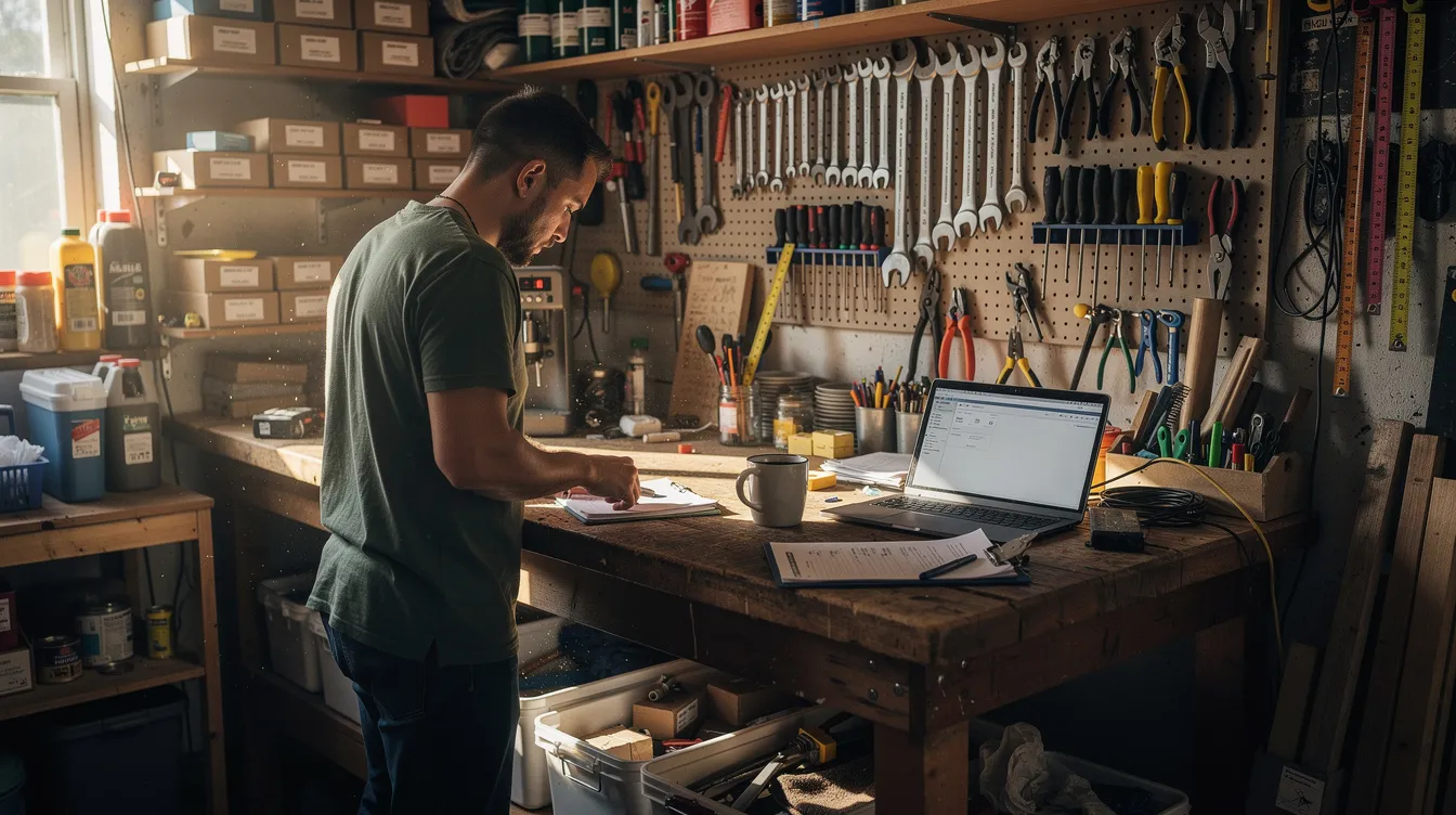The image shows a small business owner working diligently in a compact workshop filled with various tools and materials, reflecting the vibrant environment of micro enterprises. This scene highlights the importance of financial assistance, such as mudra loans, for small and micro businesses to thrive and generate income.