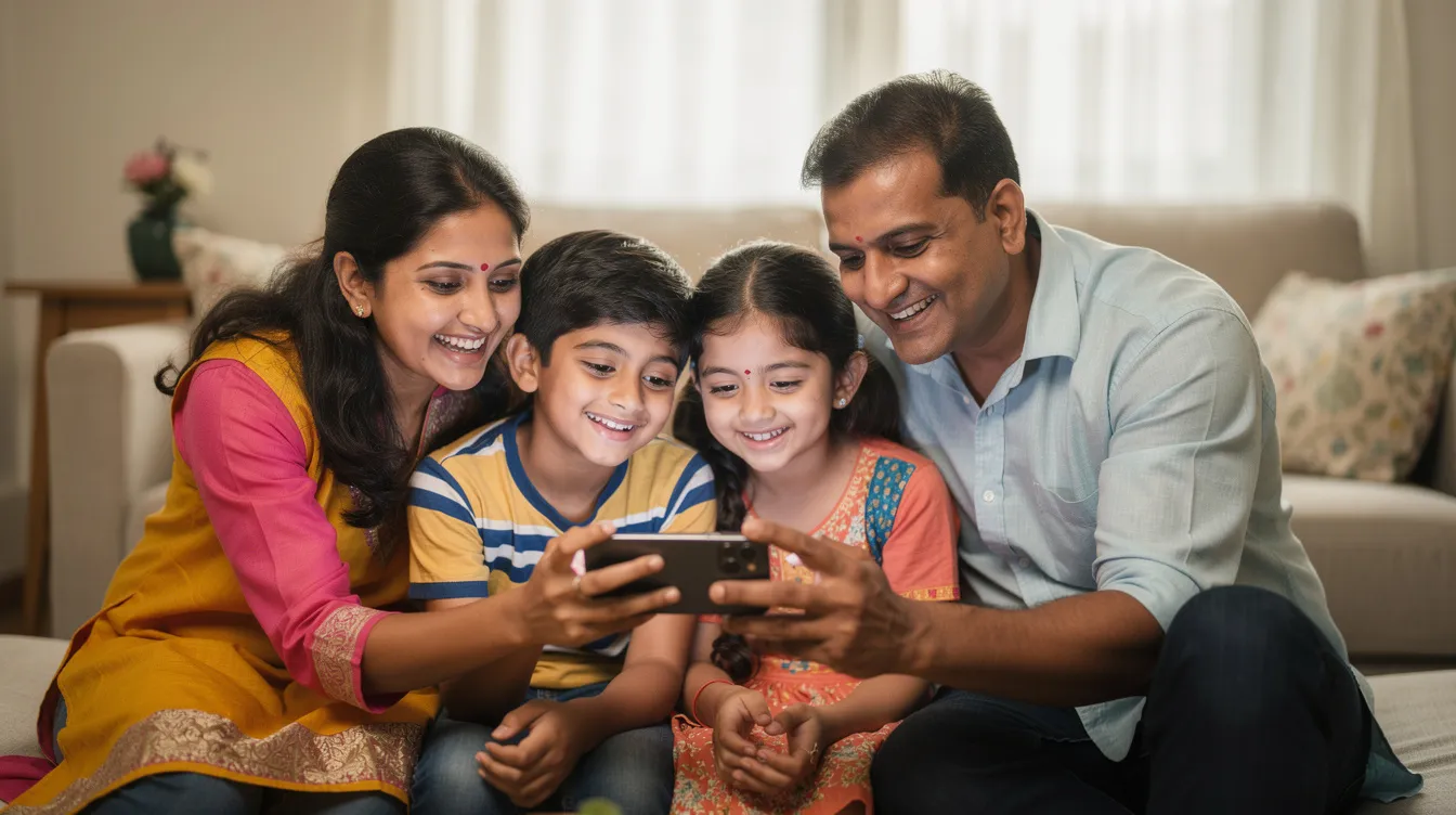 A joyful family in India is gathered around a mobile phone, smiling as they look at the screen together. The image captures a moment of connection and happiness, possibly related to searching for information about the Kalyan Janata Sahakari Bank, such as contact numbers or IFSC codes.