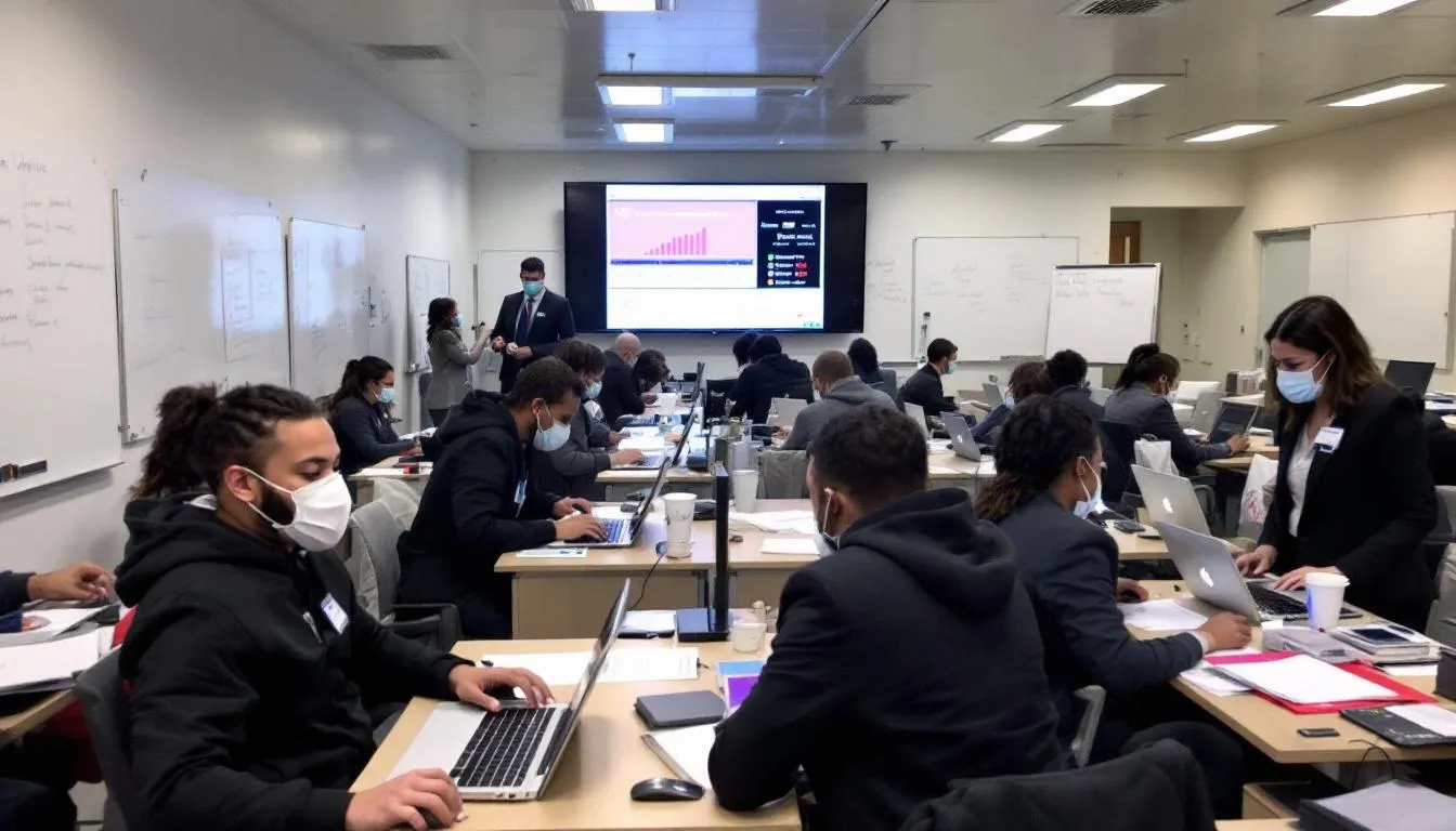 In a New York City public health facility, contact tracing specialists are diligently working at their computers to manage the city's response to the pandemic. These public health officials play a crucial role in disease control and prevention, ensuring the safety of New Yorkers during this critical time.