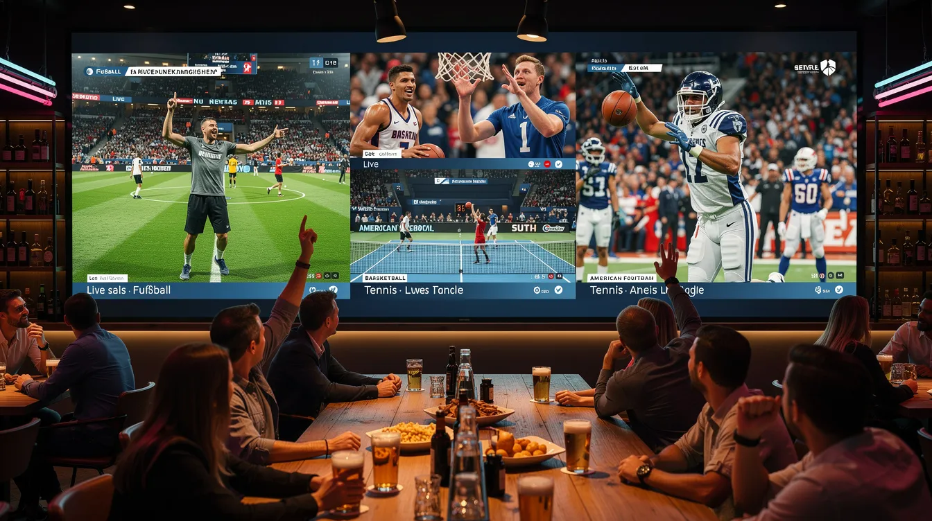 Ein großer Bildschirm in einer Sportsbar zeigt gleichzeitig mehrere Sportereignisse, während Gäste in entspannter Atmosphäre ihre Wetten platzieren. Die Sportwettenanbieter bieten hier eine Vielzahl von Wettangeboten und Top-Quoten für die Zuschauer an.