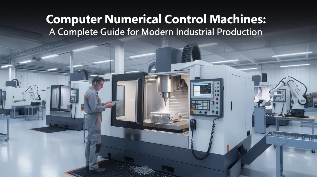 The image depicts various types of CNC machines, including CNC lathes, CNC milling machines, and CNC plasma cutters, showcasing their role in modern industrial production. These computer numerical control machines utilize advanced CNC technology and CAD/CAM software to automate machining processes, enabling high precision in manufacturing complex shapes and metal parts across various industries.