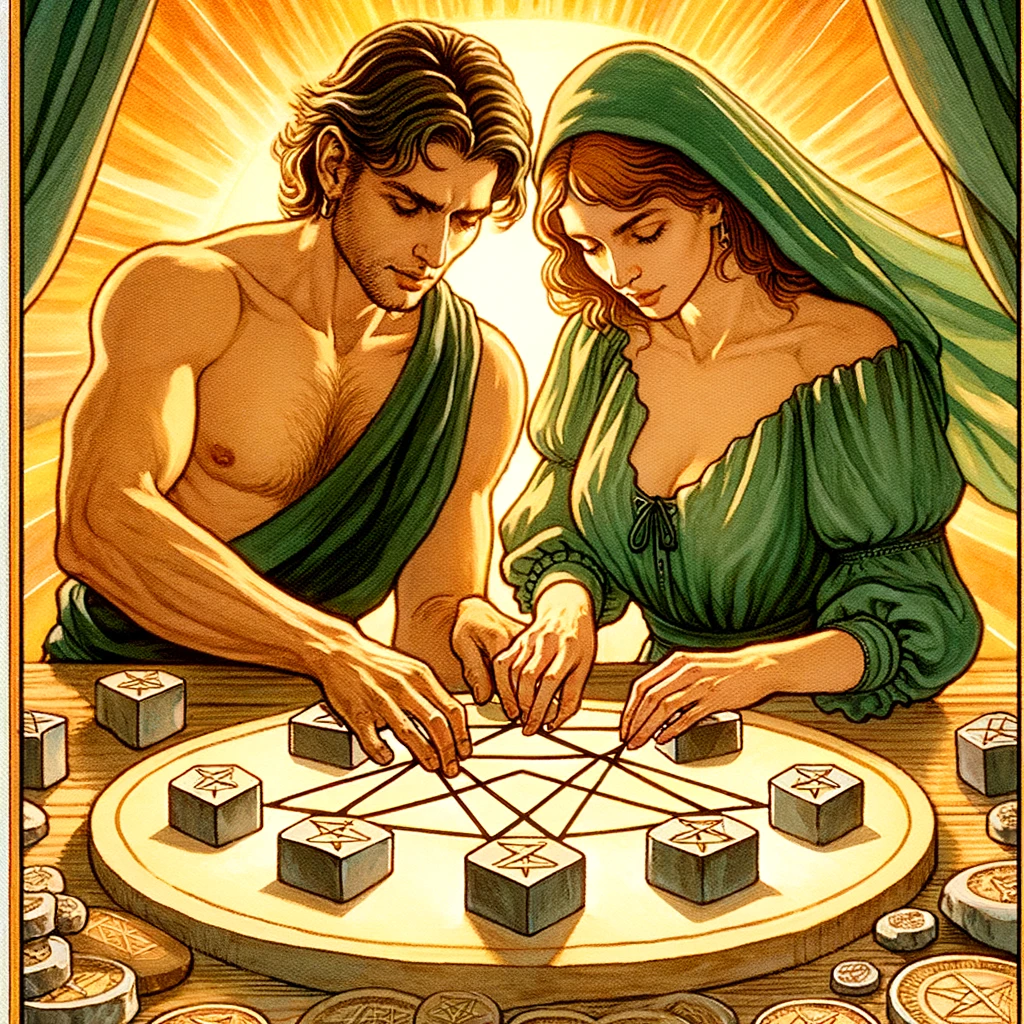a couple collaboratively creating a pentacle, symbolizing joint effort and dedication in nurturing their relationship, set in a warm, supportive environment, highlighting the importance of building trust and understanding through patience and effort