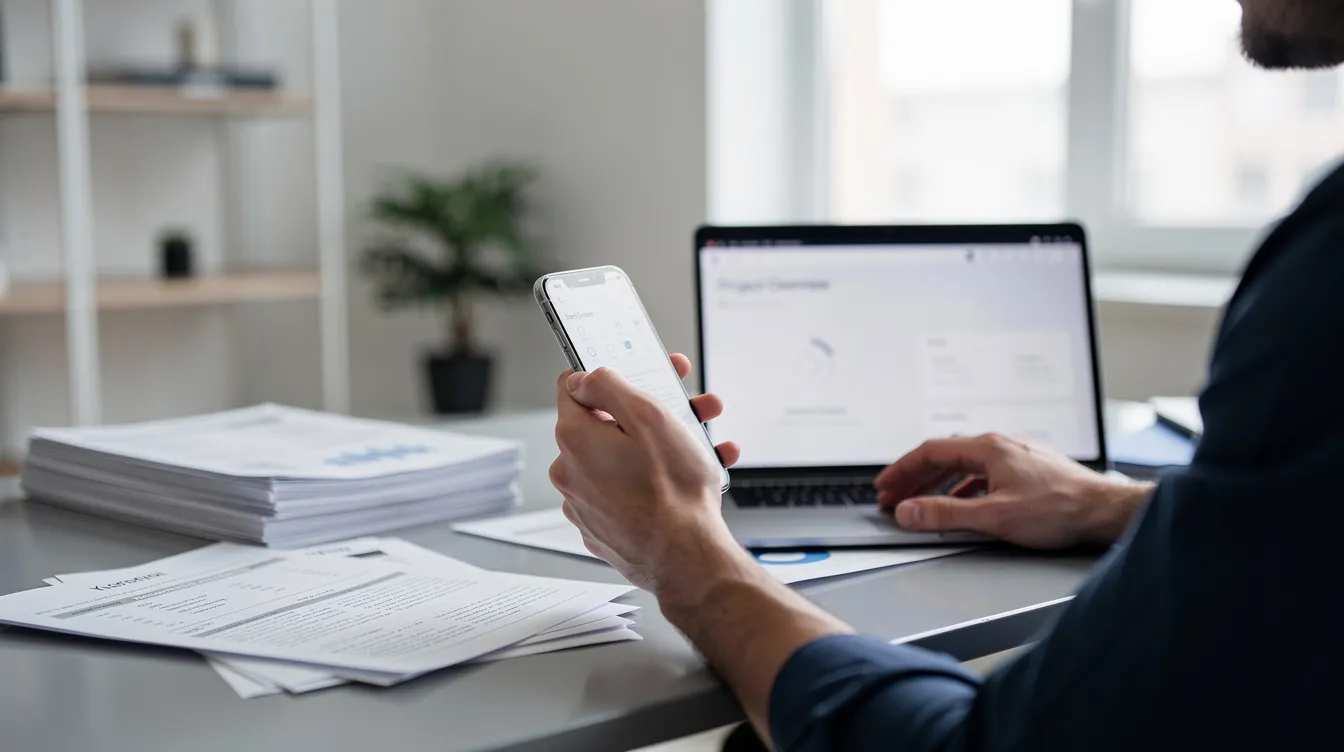 A person is sitting at a desk using a smartphone, surrounded by paperwork and a laptop, likely managing their self assessment tax return and accessing online services related to HM Revenue and Customs. The scene suggests an organized approach to handling financial matters, possibly for a sole trader or small business.
