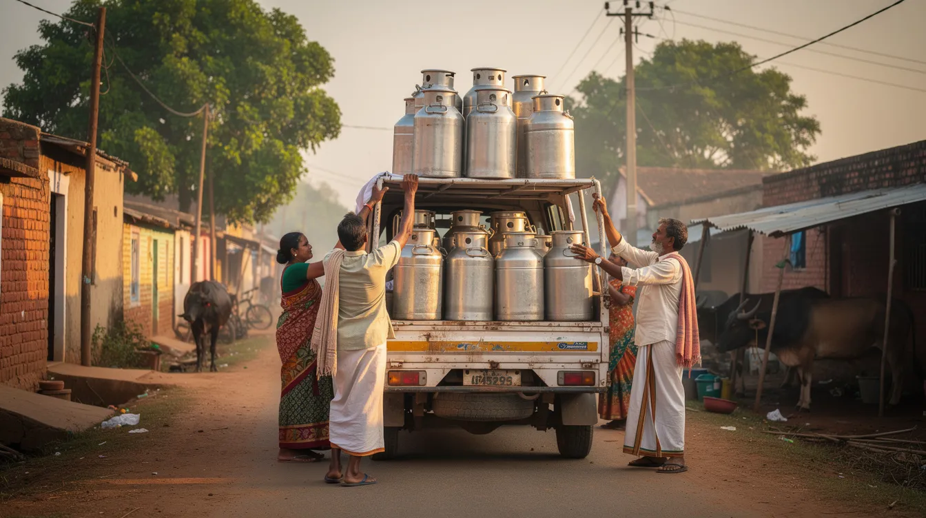 63ef7ea1 35d7 4bd5 bba7 33c884fa4f97 The image depicts a rural Indian village scene where metal milk cans are being transported on a vehicle, highlighting the important process of milk collection in the organized dairy sector. This scene reflects the foundational steps in the milk processing industry, essential for the production of various dairy products.