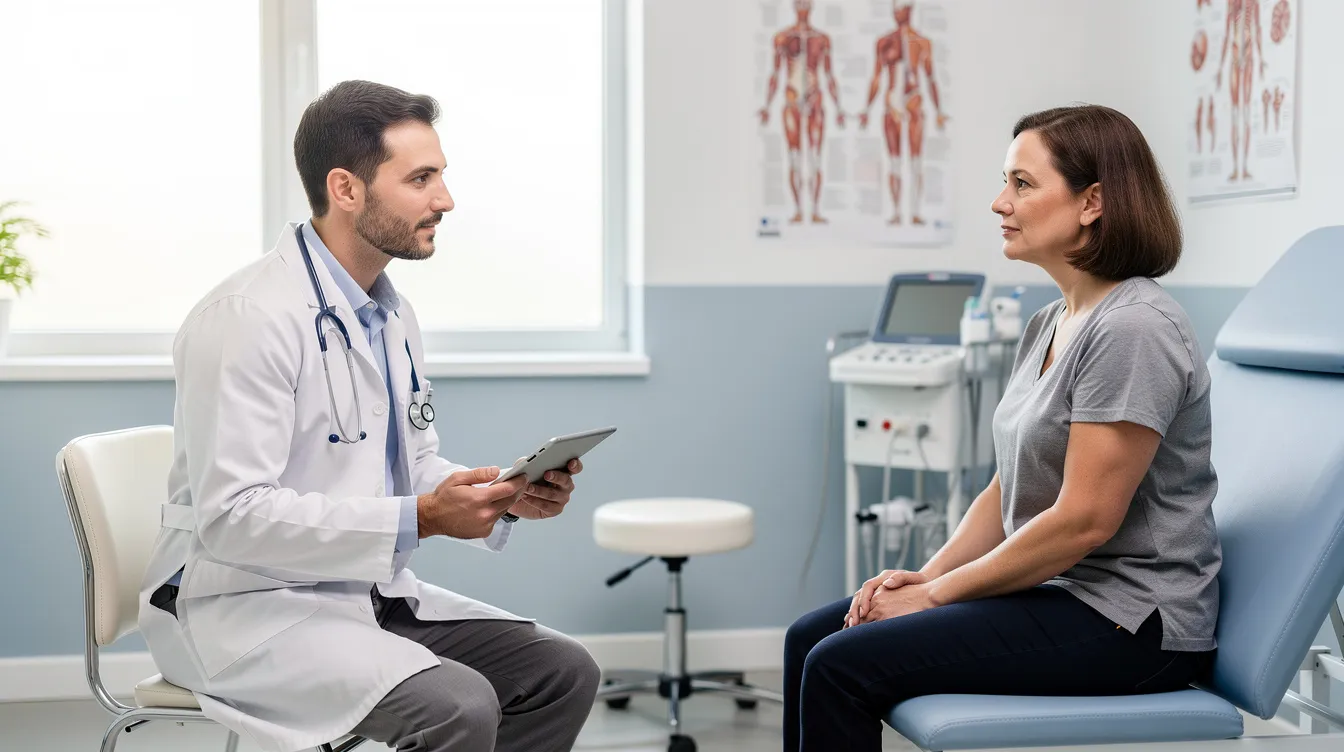 A medical professional is consulting with a patient in a clinical setting, discussing sleep disorders and the importance of sleep quality, including stages of sleep such as REM and non-REM sleep. The environment is calm and focused, emphasizing the significance of understanding sleep patterns for overall physical health.