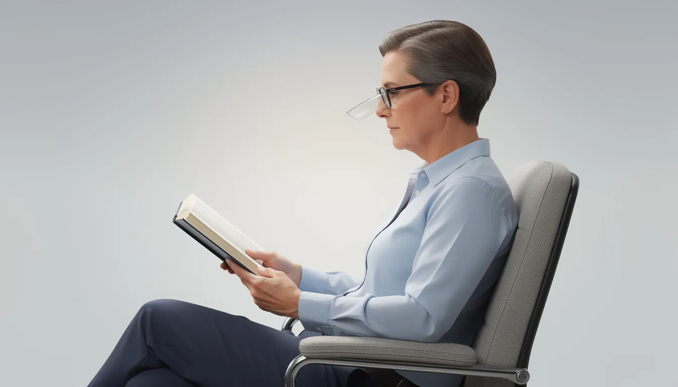 Een persoon leest een boek terwijl hij zijn hoofd in de juiste positie houdt voor het dragen van een multifocale bril, waardoor hij scherp zicht heeft op de tekst. De houding helpt om optimaal gebruik te maken van de verschillende sterktes in de multifocale brillenglazen.