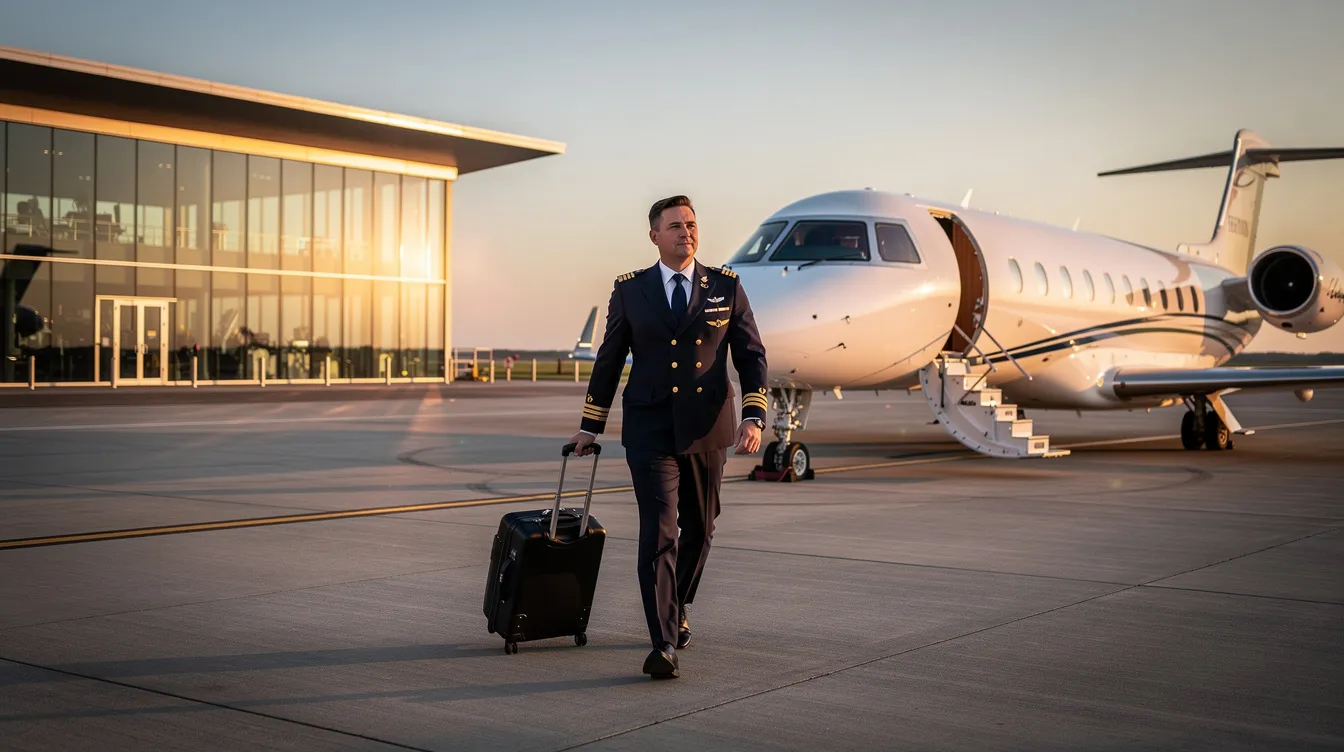 A corporate pilot in a crisp uniform walks confidently towards a sleek business jet parked on the ramp of a private terminal. This image captures the essence of a professional pilot's career in corporate aviation, highlighting the exclusive destinations they travel to and the high standards of flight training required in the aviation industry.