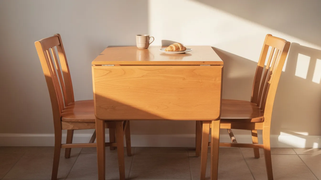 The image shows a cozy kitchen nook featuring a wooden drop-leaf dining table positioned against a sunlit wall, with one leaf folded down and two simple chairs tucked in. A coffee cup and a plate rest on the table surface, creating an inviting space for everyday meals in a small dining area.