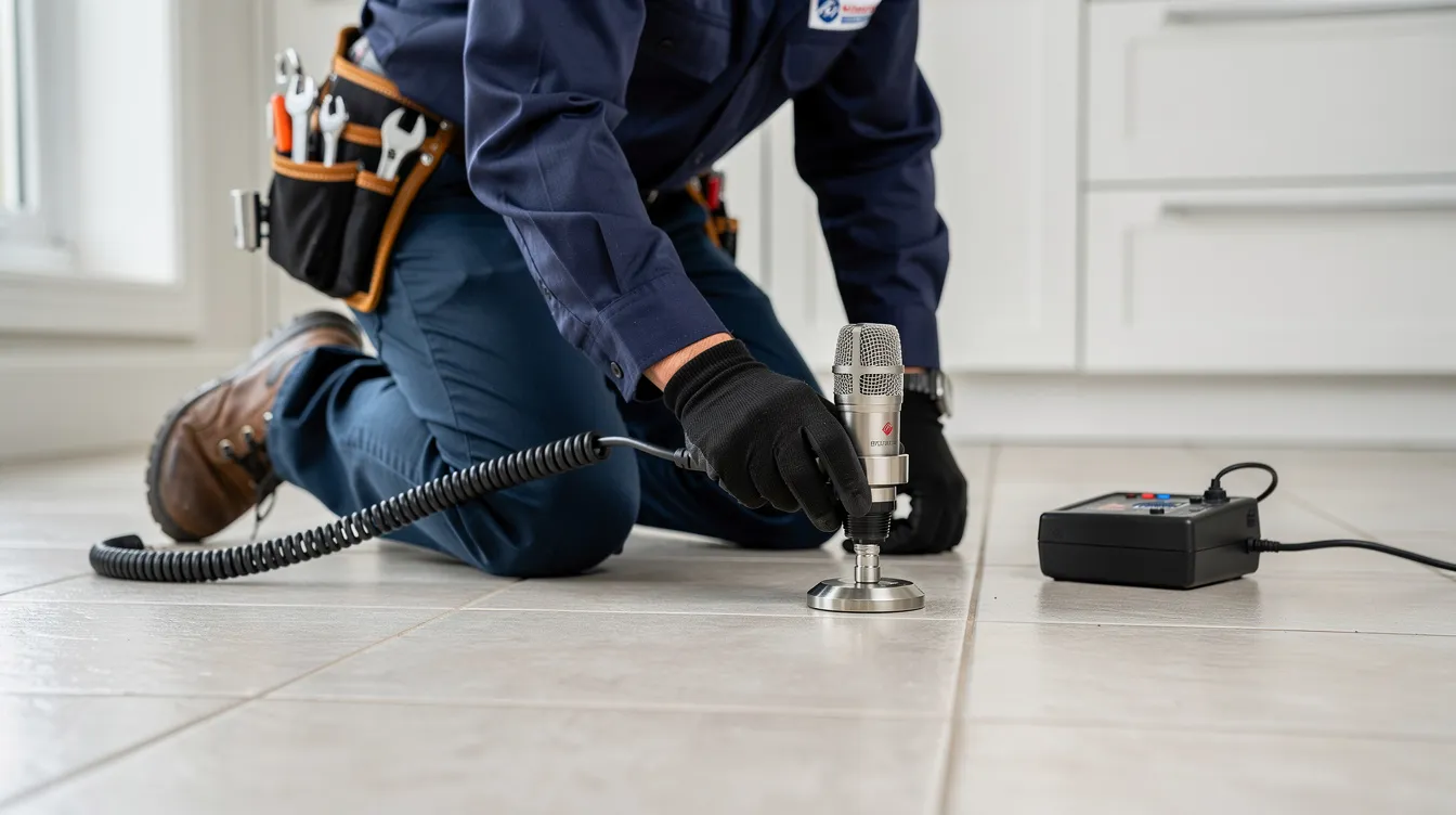 A professional plumber using an acoustic ground microphone to detect hidden water leaks in a tiled kitchen floor.