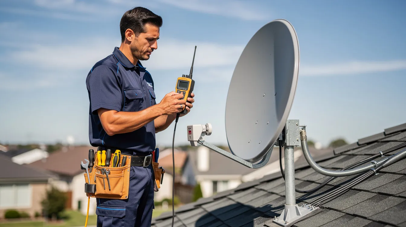 A technician is working diligently on satellite TV equipment, surrounded by tools and a satellite dish. This scene highlights the expertise involved in professional DSTV installation services, ensuring optimal signal reception and setup for customers in Swellendam.