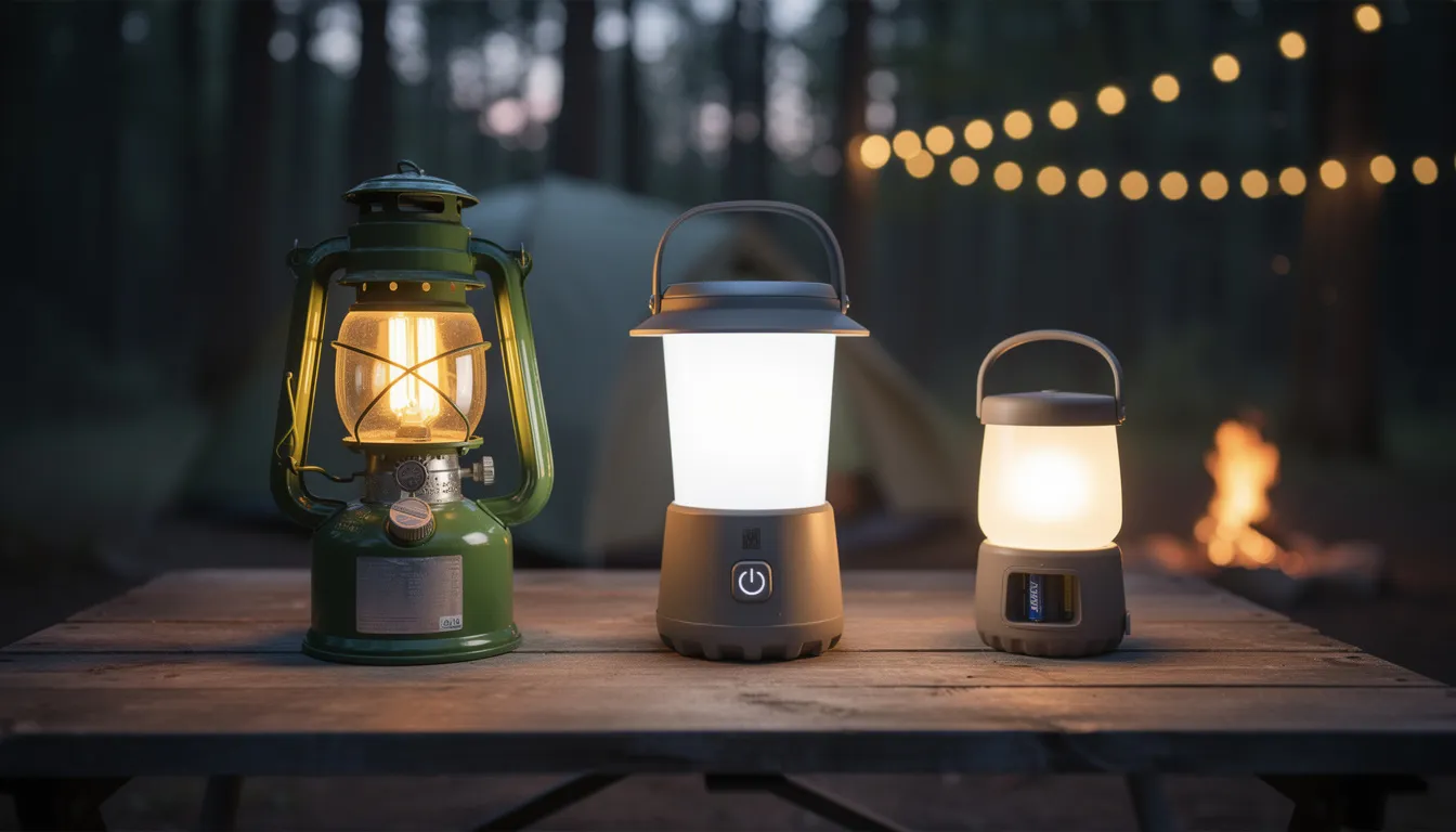 The image shows a side-by-side comparison of various camping lantern types, including a propane lantern, LED models, and battery-operated lanterns, all displayed on a camping table. Each lantern showcases different features such as brightness, fuel source, and light modes, making it easier to choose the best option for outdoor use or emergency supplies.