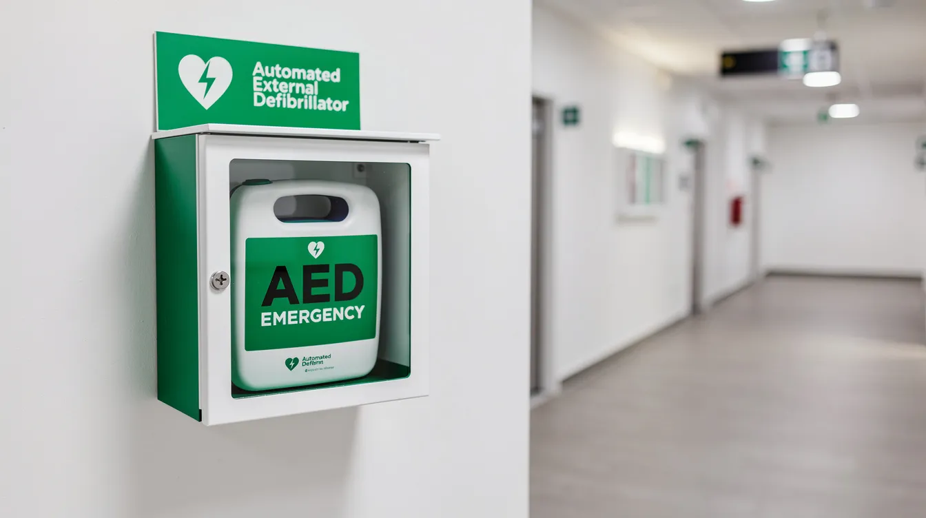 The image shows a portable automated external defibrillator (AED) device mounted on a wall in a public corridor, accompanied by clear signage indicating its use in case of a cardiac emergency. This AED machine is essential for early defibrillation and can help save lives during sudden cardiac arrest situations.