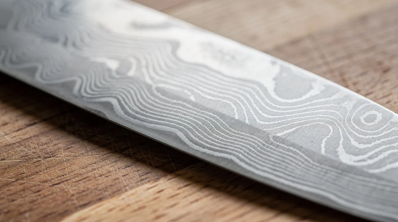 A close-up view of a Japanese chef knife featuring a beautiful Damascus steel pattern on its blade, resting on a wooden cutting board. The intricate design highlights the exceptional sharpness and quality of this traditional Japanese knife, ideal for preparing various ingredients in Japanese cuisine.