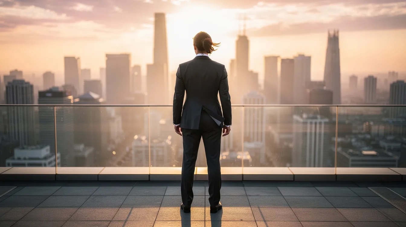 A person in professional business attire stands confidently on a rooftop, gazing at a vibrant city skyline bathed in the warm glow of sunrise, symbolizing new beginnings and the strategic direction of a successful business career. This scene reflects the essence of business consulting and the pursuit of long-term success in navigating complex projects and market trends.