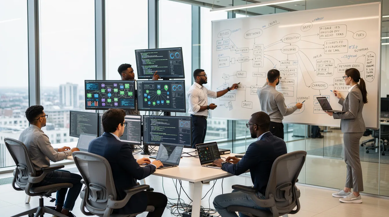 A diverse group of highly skilled cybersecurity professionals collaborates in a bright, modern office, equipped with whiteboards and multiple monitors, as they work to ensure dependable mission execution in a dynamic cyber environment. This teamwork reflects the efforts to expand the cyber workforce and meet mission requirements against highly sophisticated cyberspace adversaries.