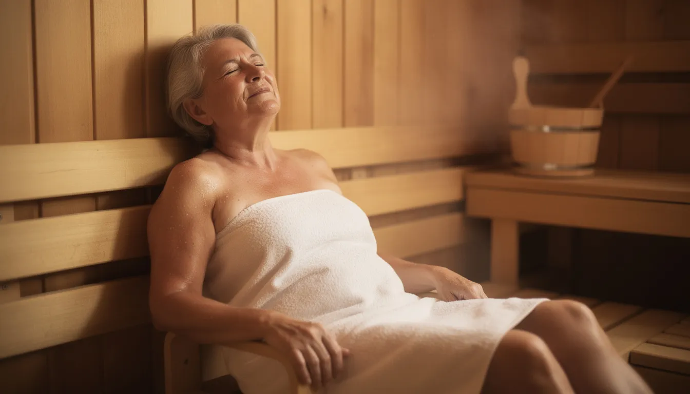 A senior adult is seen relaxing peacefully in a softly lit wooden sauna, enjoying the warmth and potential health benefits of sauna bathing. The tranquil atmosphere promotes well-being and aids muscle recovery, making it an ideal setting for healthy aging and stress relief.