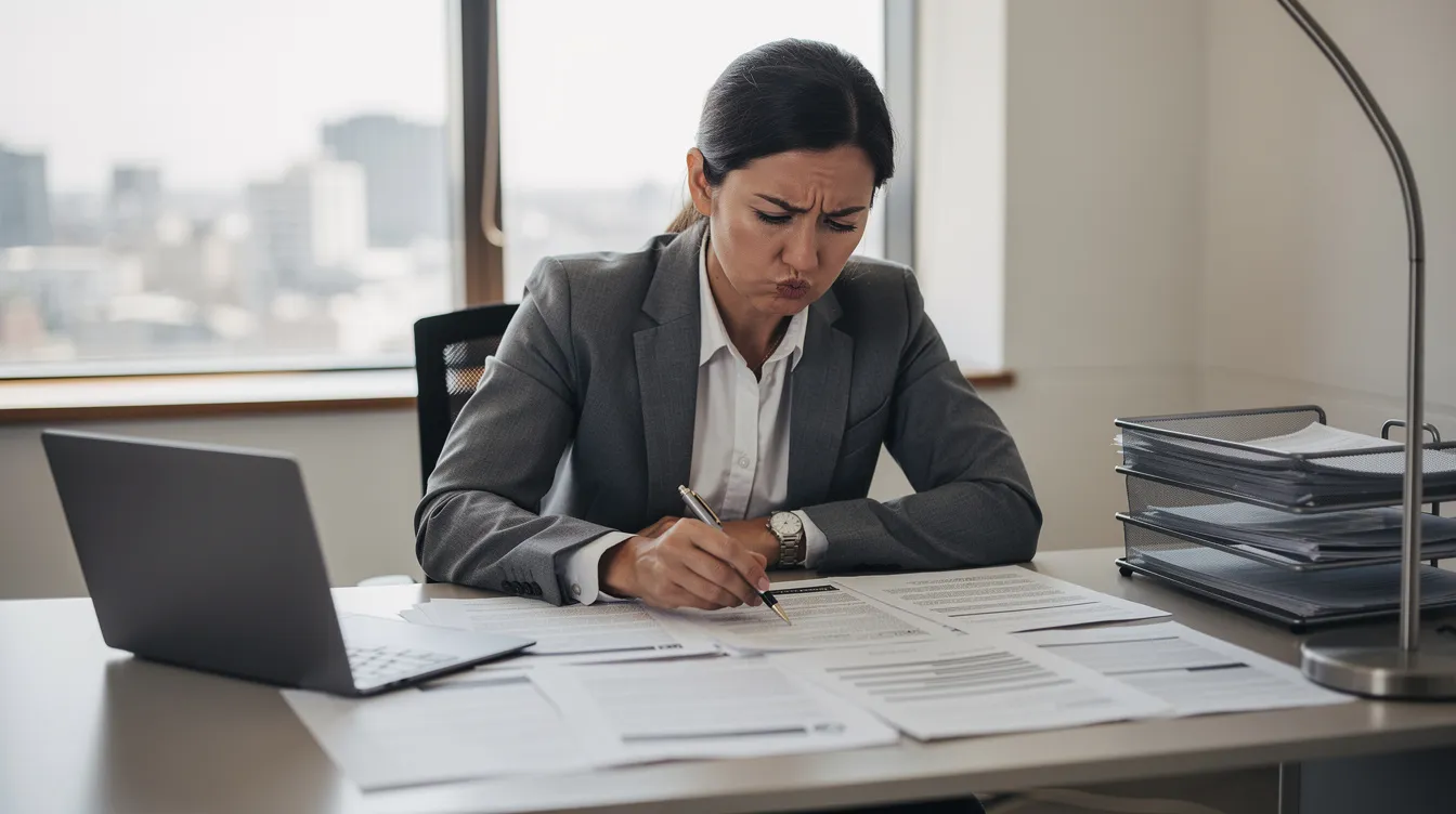 A person in business attire sits at a desk, intently reviewing documents with a serious expression, likely assessing important information related to higher education or official records such as diplomas and transcripts. The focused demeanor suggests a professional environment where attention to detail is critical.