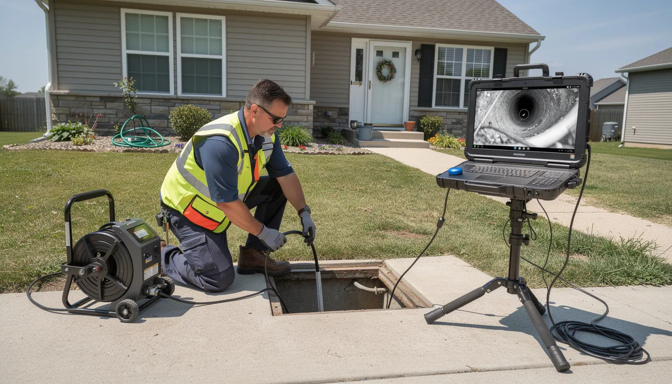 A technician is seen operating a drain camera inspection system at a residential property, carefully examining the interior of drain pipes to identify any blockages or drainage problems. This professional drain cleaning service utilizes the latest technology to ensure proper flow and prevent clogs in toilet drains and sinks.