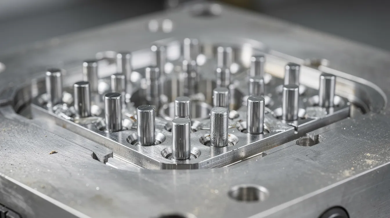 A close-up view showcases black steel ejector pins arranged meticulously inside the core side of an open injection mold, highlighting their precise placement and design for effective part ejection during the injection molding process. The image illustrates critical mold components, including the ejector plate and pins, which play a vital role in ensuring smooth operation and minimizing cycle times.