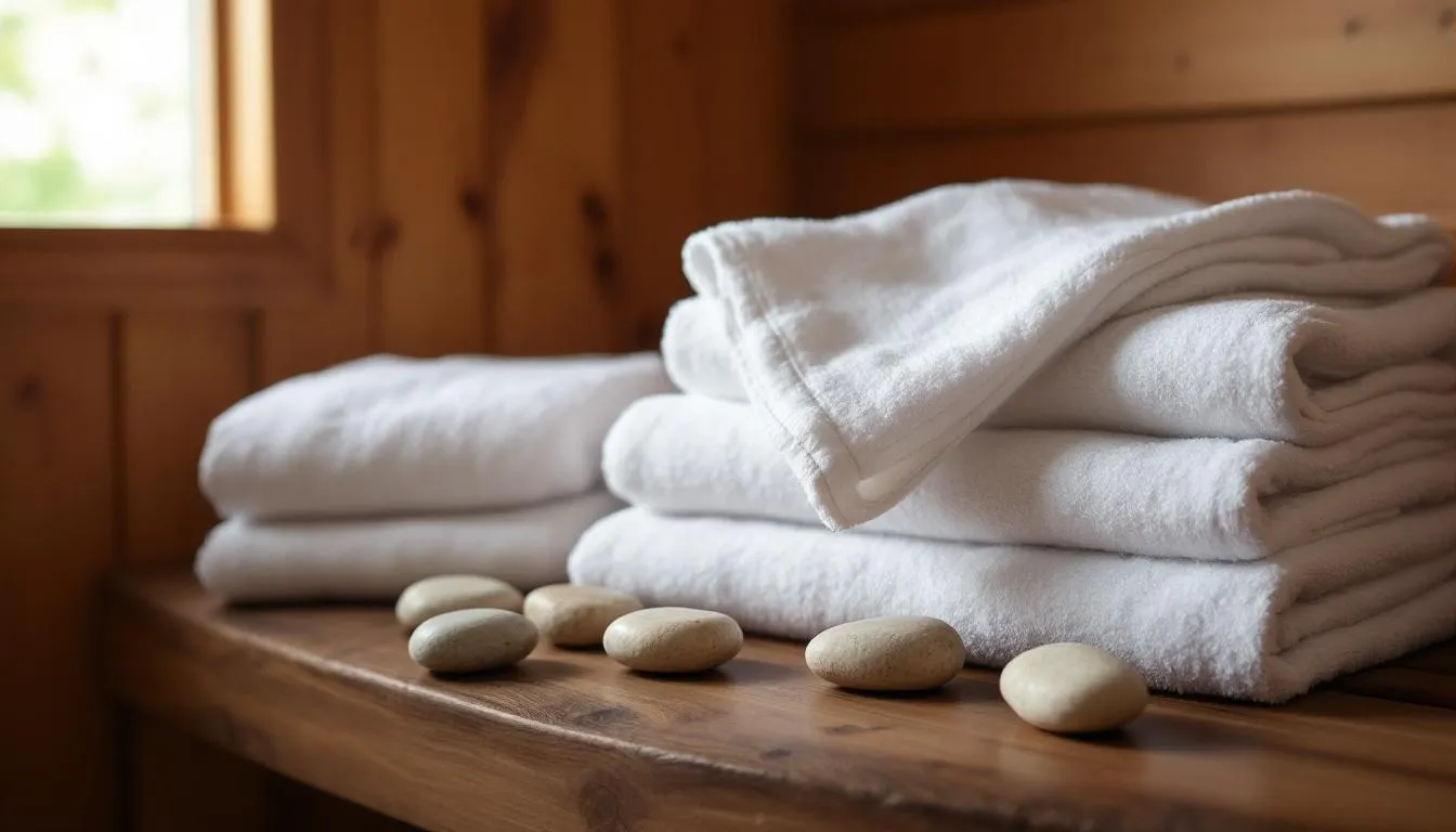 The image features clean, folded towels and natural stones neatly arranged on a wooden sauna bench, creating a serene and inviting atmosphere for a sauna session. This setup enhances the sauna experience, promoting relaxation and wellness benefits.